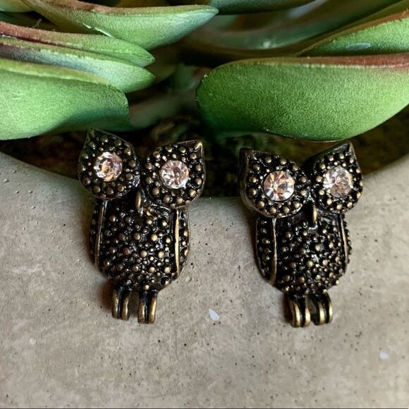 Bronze Owl Stud Earrings Rhinestone Boho - Picture 1 of 6